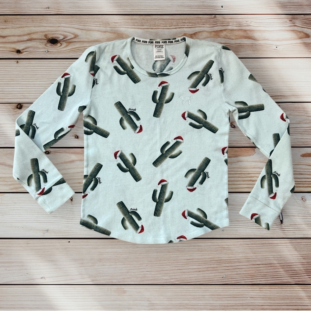 Victorias Secret VS Pink Santa Cactus Christmas Holiday Long Sleeve Shirt M